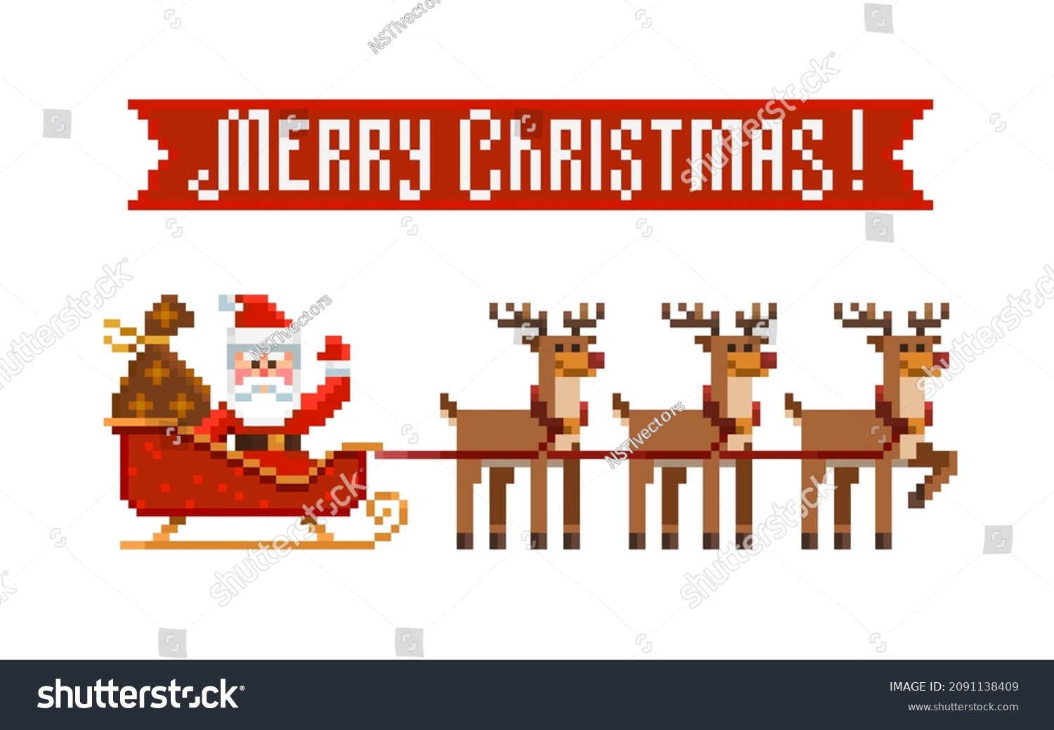 Vektor Stok Pixel Art Merry Christmas Text On Tanpa Royalti 2091138409 Shutterstock