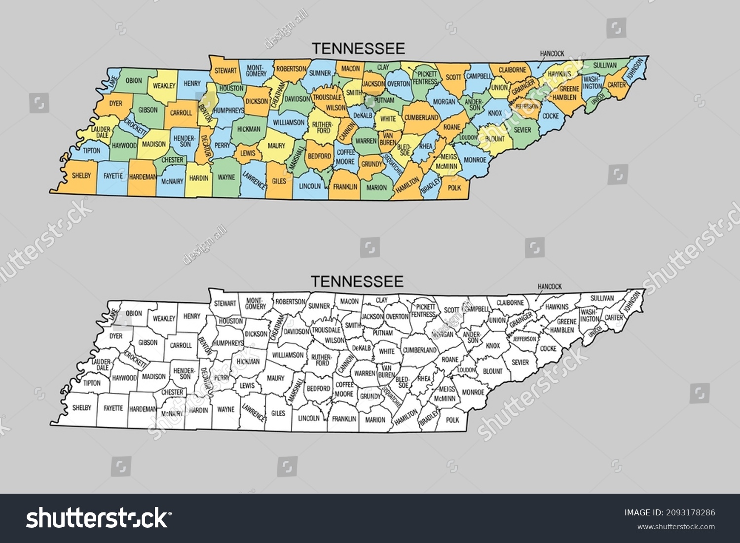 Tennessee Map County Lines Color Stock Vector (Royalty Free) 2093178286