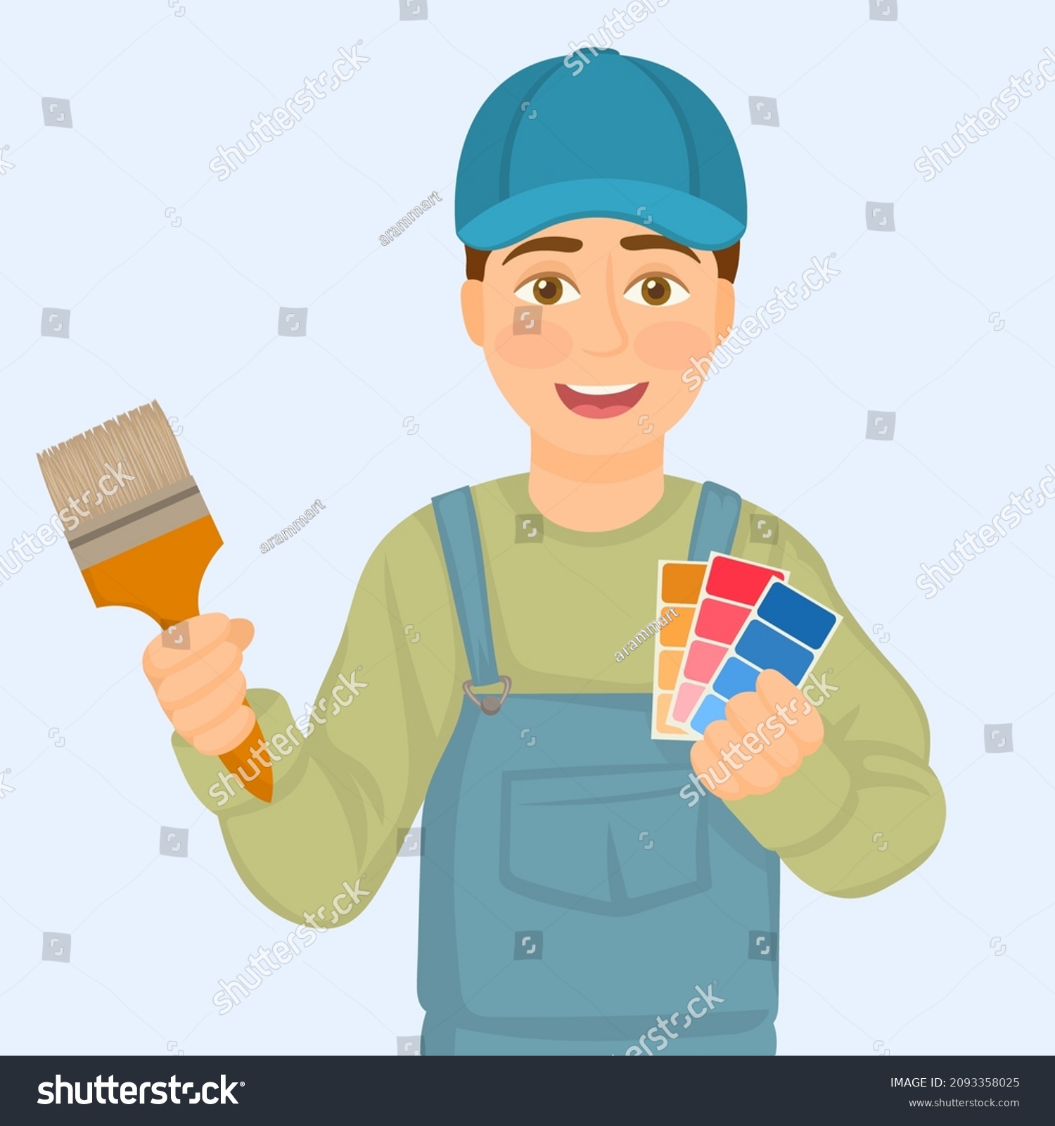 Handyman Holds Color Palette Paint Brush Stock Vector (Royalty Free ...