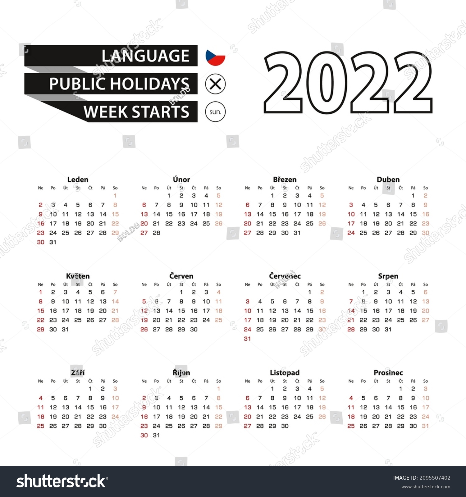 2022 Calendar Czech Language Week Starts Stock Vector (Royalty Free ...