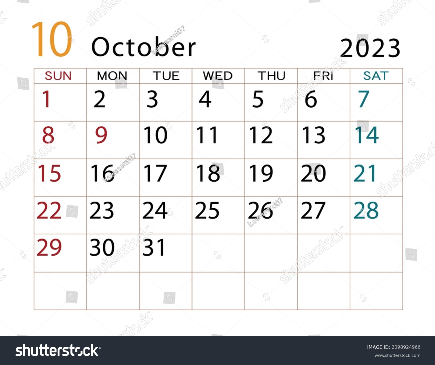 2023 Calendar Design Month October Stock Illustration 2098924966