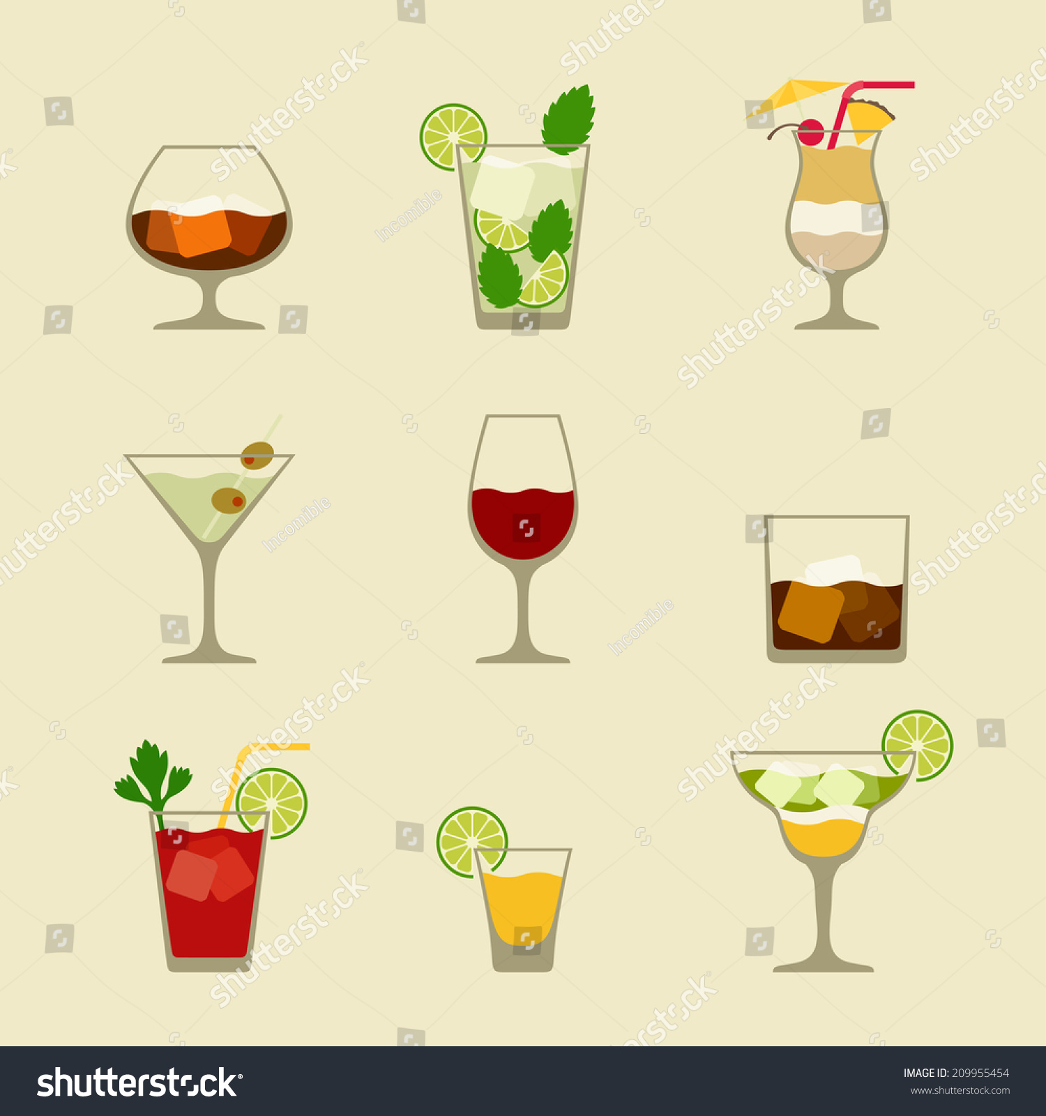 Alcohol Drinks Cocktails Icon Set Flat Stock Vector Royalty Free