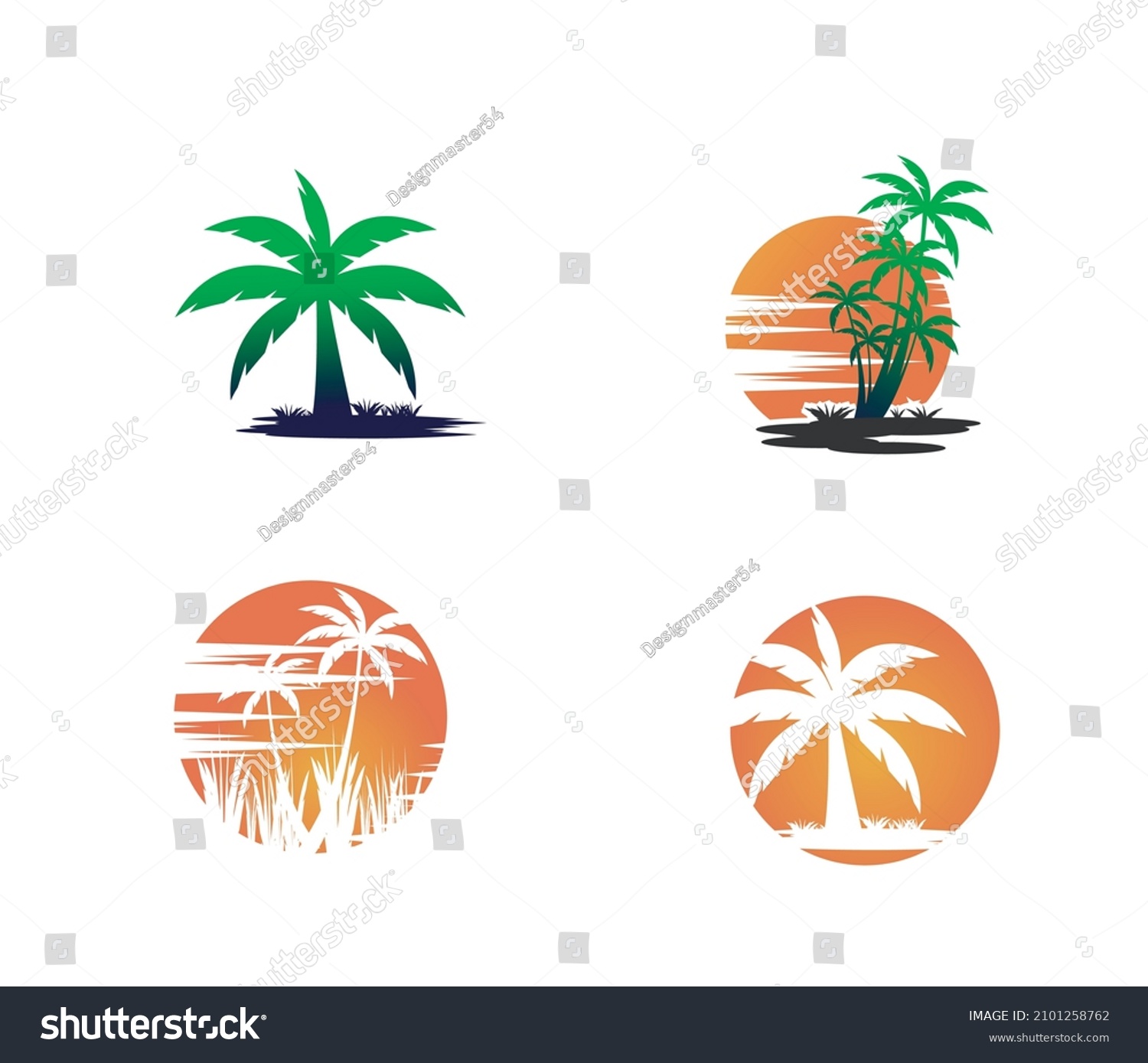 Beach Sunset Palm Tree Logos Stock Vector (Royalty Free) 2101258762 ...