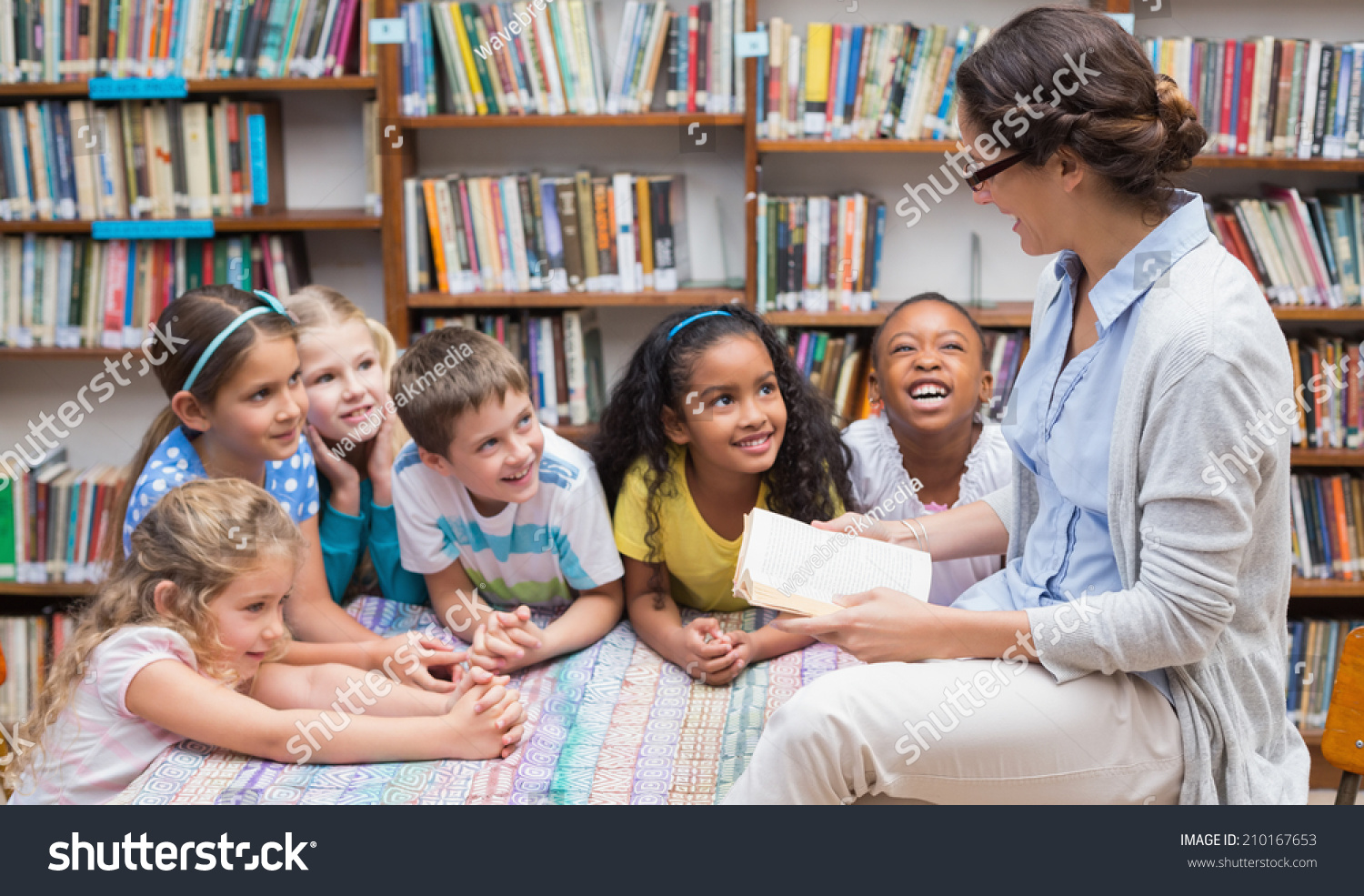 Cute Pupils Teacher Reading Library Elementary Stock Photo 210167653 ...