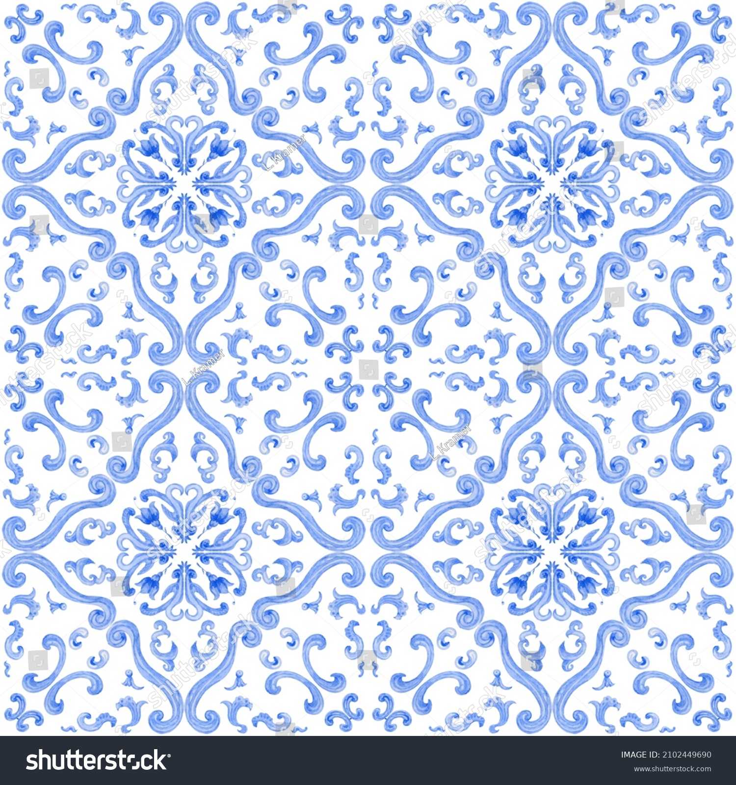 Watercolor Painted Indigo Blue Damask Seamless Stock Illustration ...