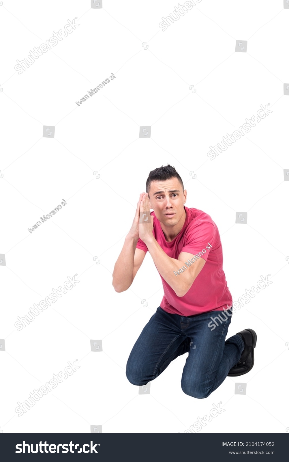 Desperate Man Kneeling Supplicating Prayer Hands Stock Photo 2104174052 ...