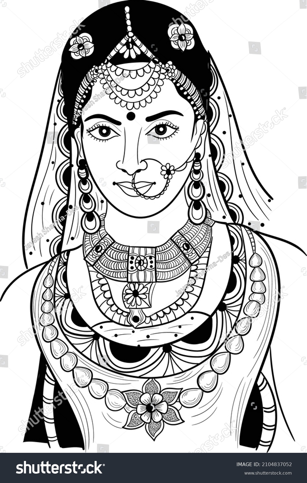 Indian Bride Black White Line Drawing Stock Vector (royalty Free 