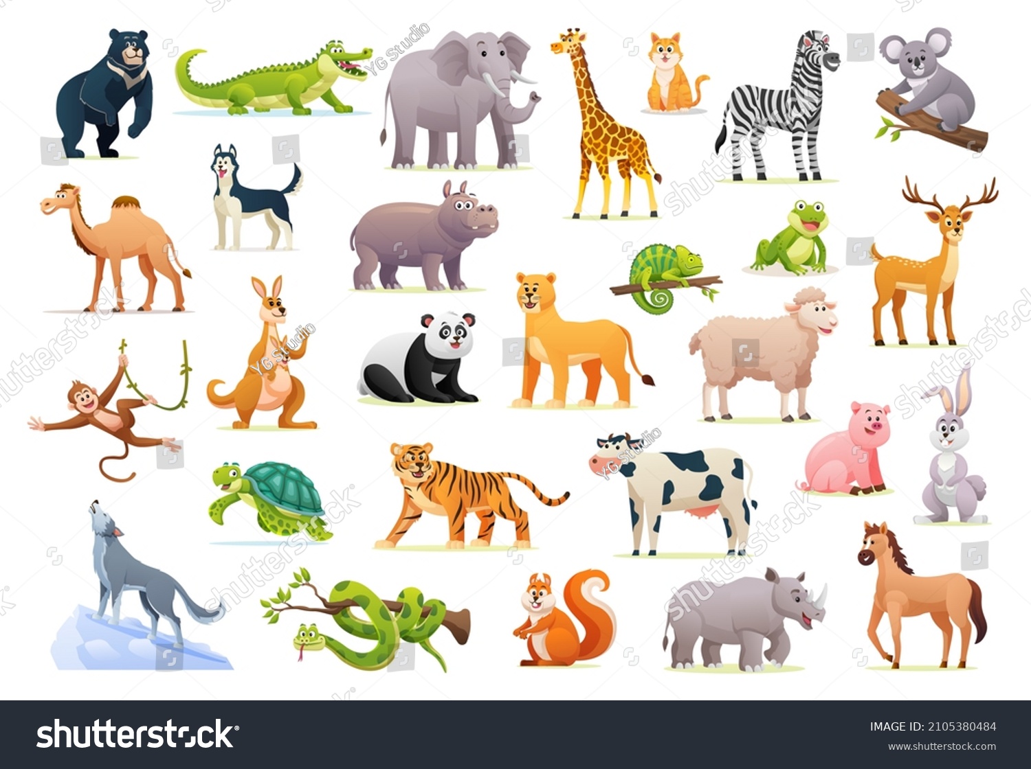 Set Cute Wild Animals Cartoon Style Stock Vector (Royalty Free ...