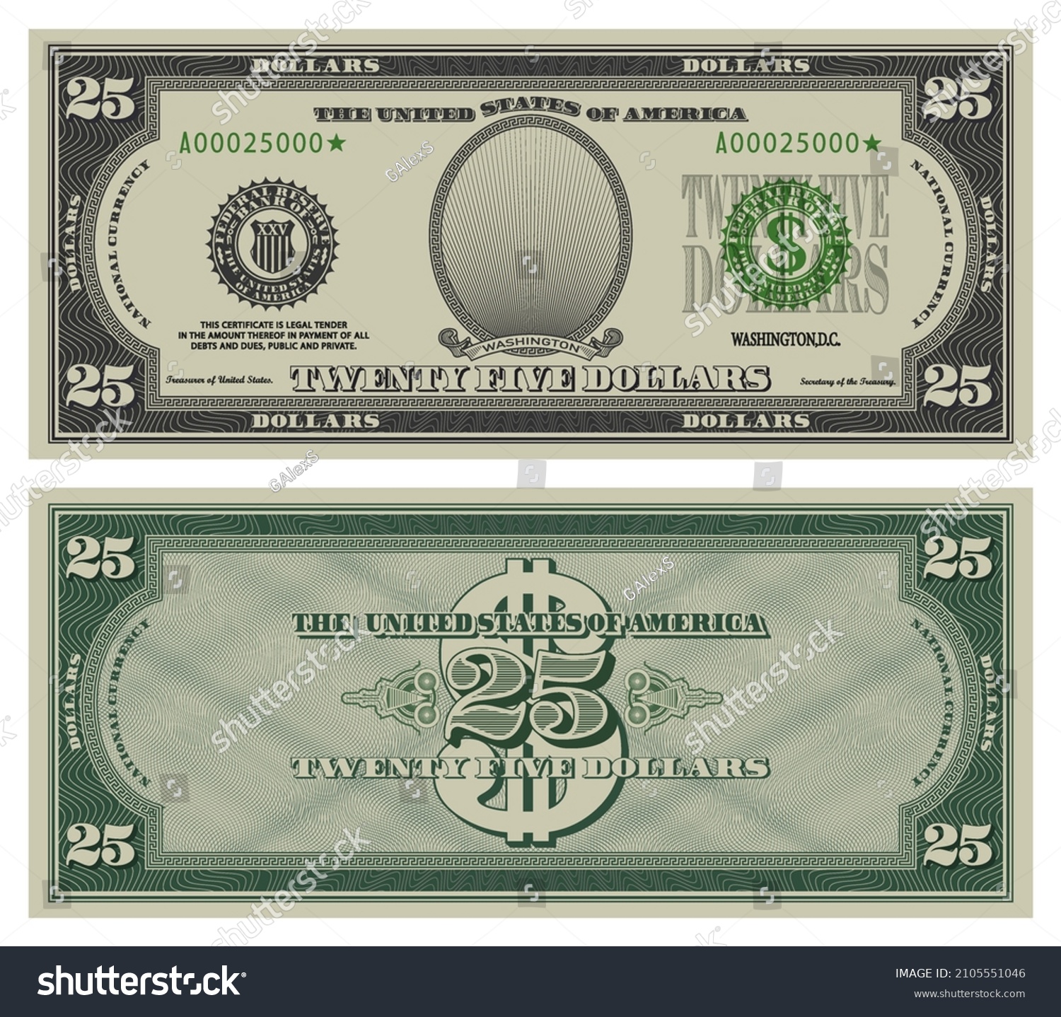 Twenty Five Dollars Banknote Gray Obverse Stock Vector (Royalty Free ...