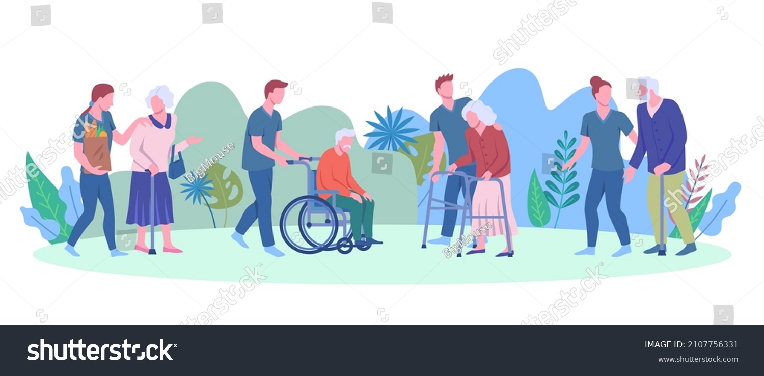 Cartoon Taking Care Seniors Characters People Stock Vector (Royalty ...