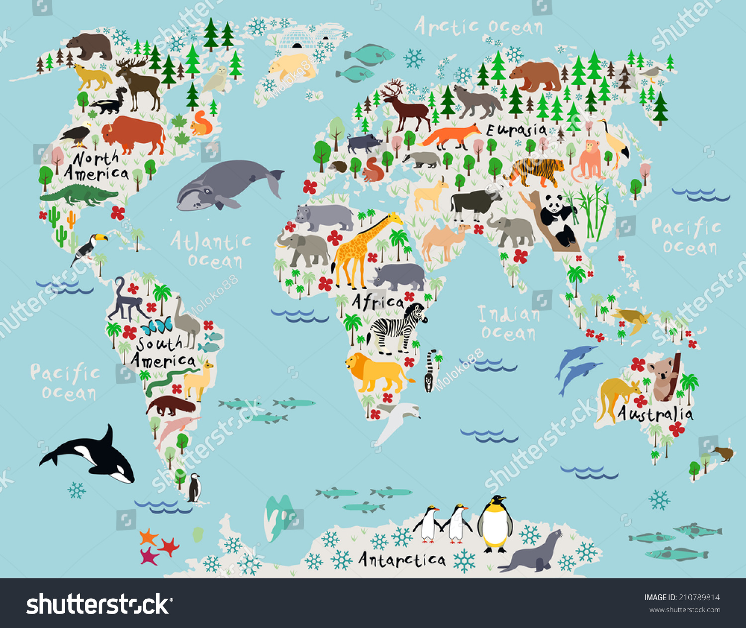 Animal Map World Children Kids Stock Vector (Royalty Free) 210789814