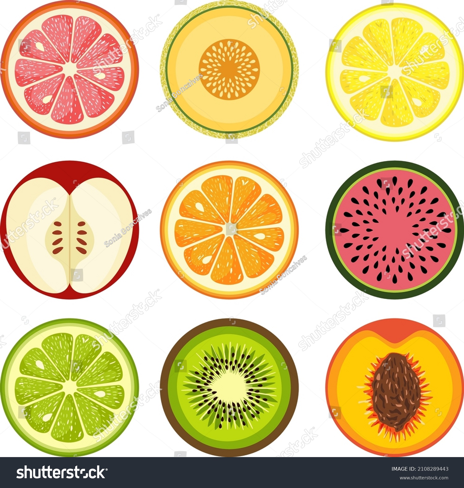 Set Round Summer Fruit Slices Stock Vector (Royalty Free) 2108289443 ...