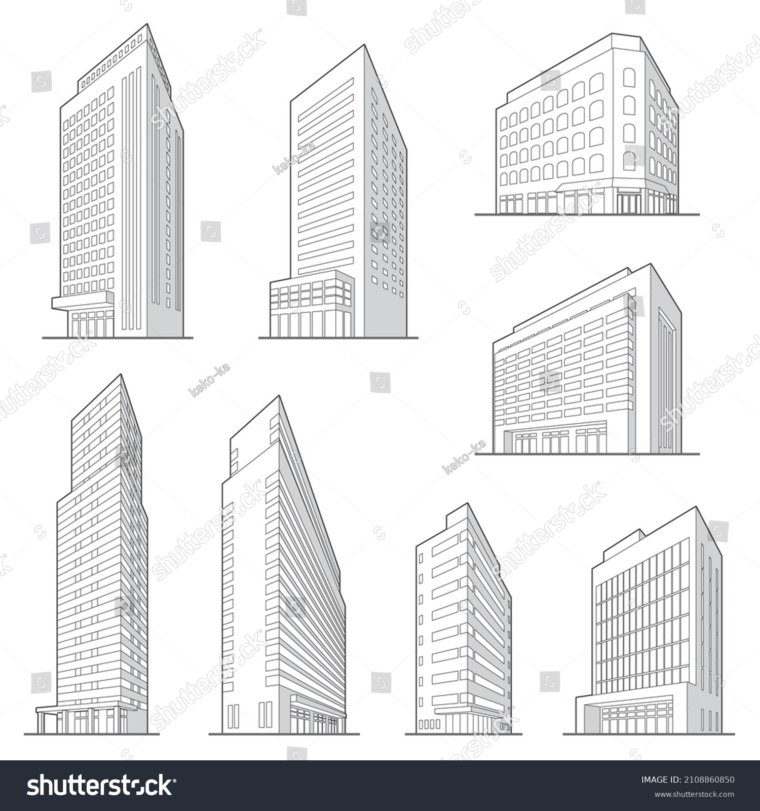 Vector Illustration Various Buildings Line Drawing Stock Vector ...