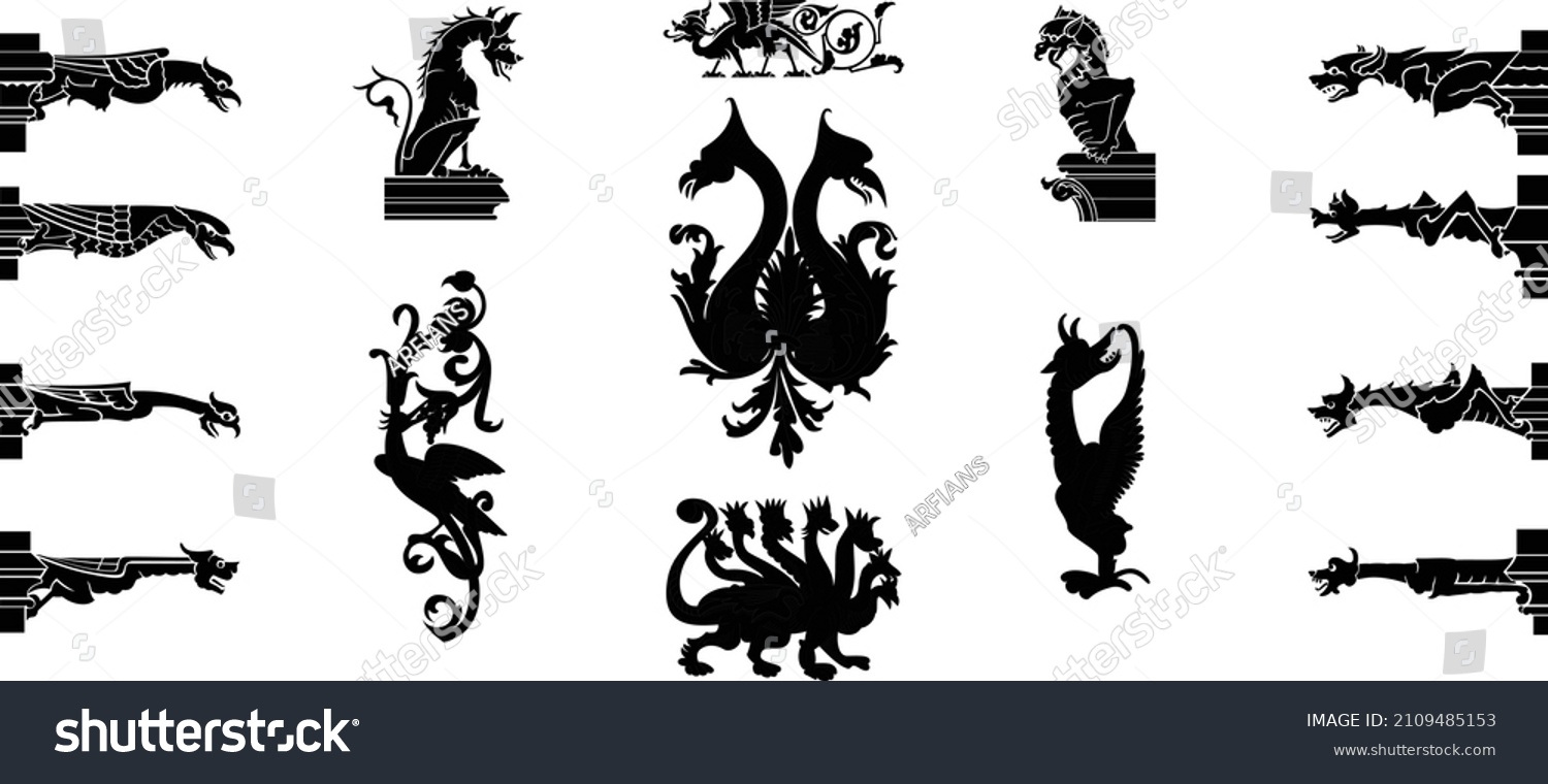 Medieval Dragon Silhouette Vector Set On Stock Vector Royalty Free   Stock Vector Medieval Dragon Silhouette Vector Set On White Background 2109485153 