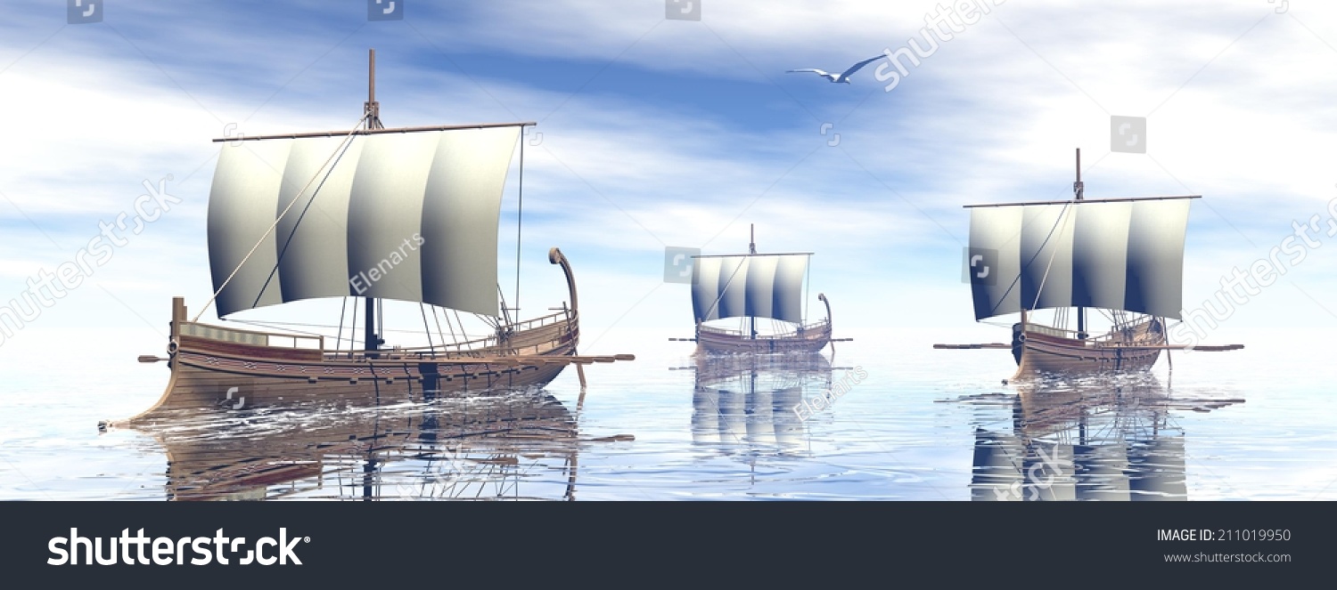 Three Ancient Greek Boats Floating On Stock Illustration 211019950 ...