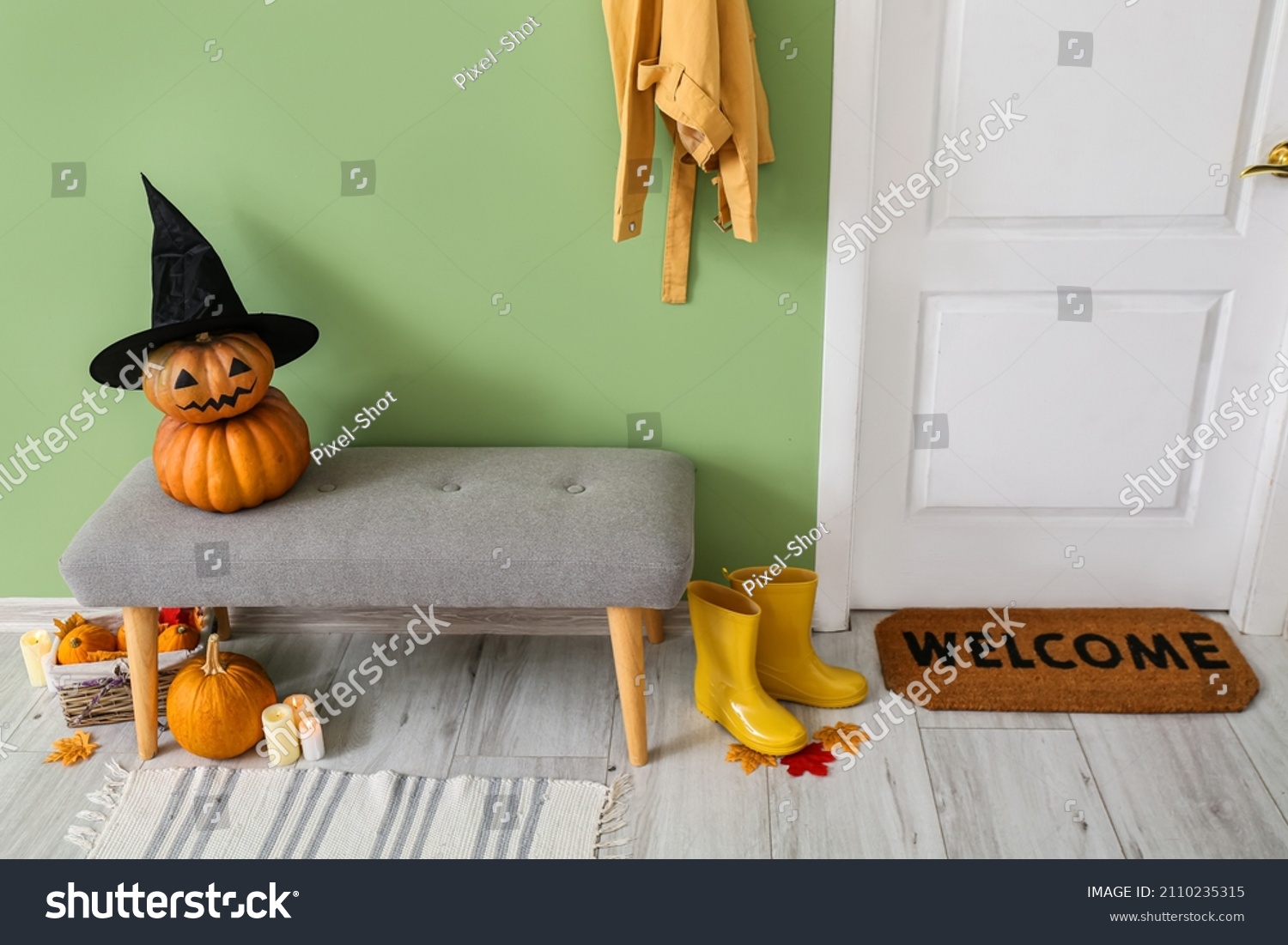 Interior Modern Hallway Decorated Halloween Stock Photo 2110235315   Stock Photo Interior Of Modern Hallway Decorated For Halloween 2110235315 