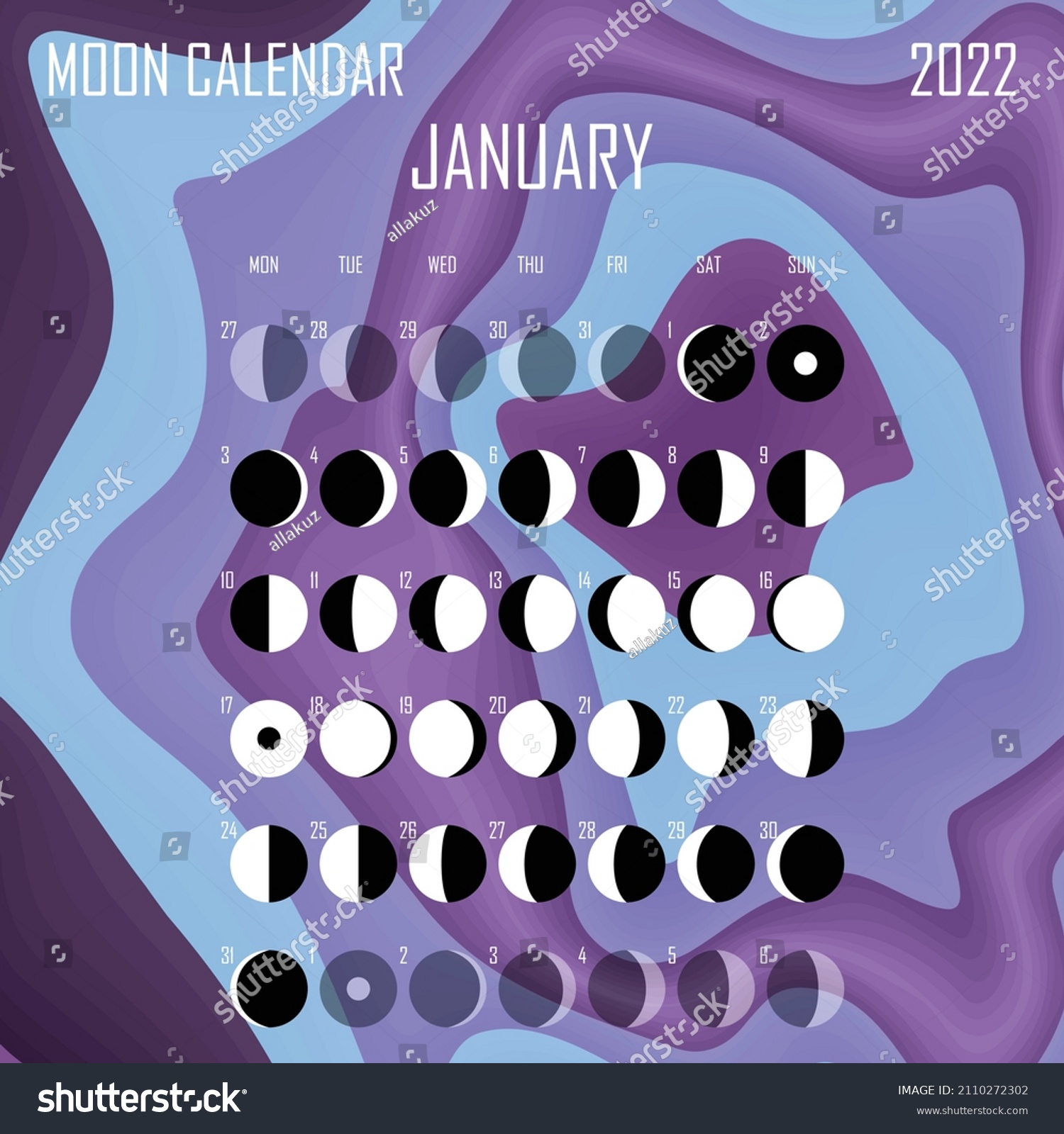 January 2022 Moon Calendar Astrological Calendar เวกเตอร์สต็อก (ปลอด