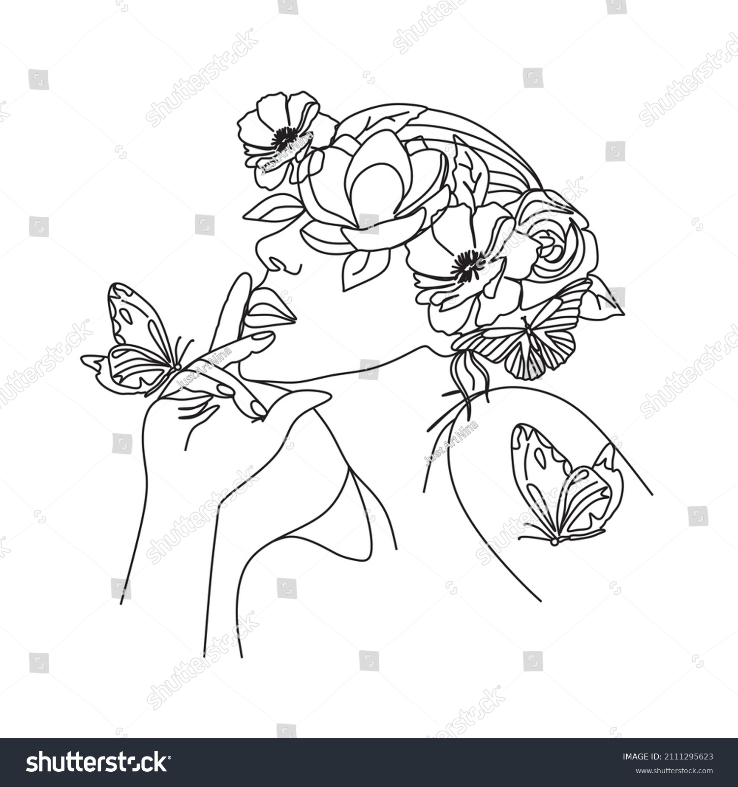 Abstract Woman Face Butterfly Flowers Line Stock Vector Royalty Free 2111295623 Shutterstock