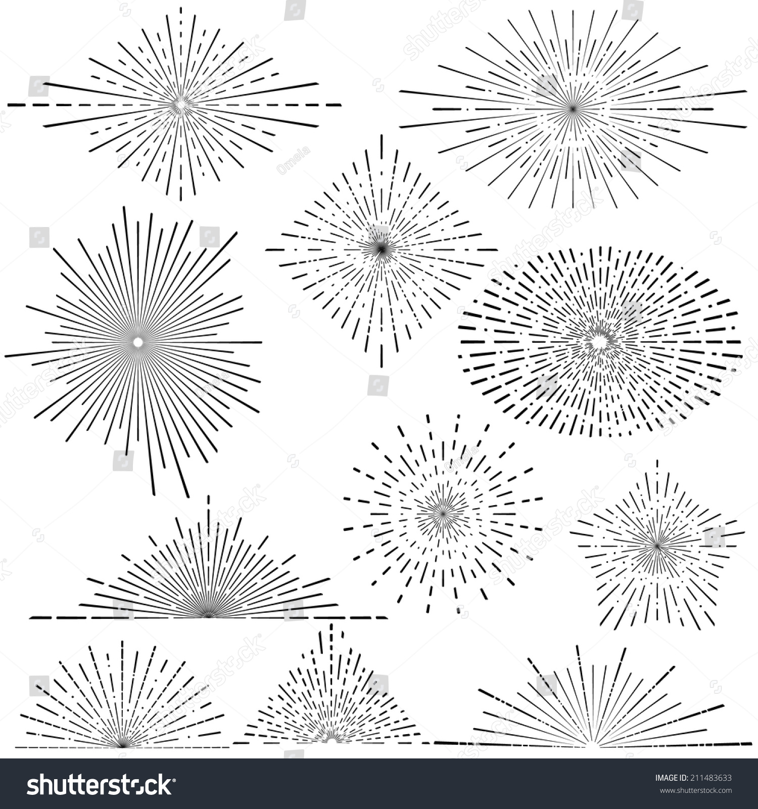 Set Vintage Handdrawn Sunbursts Different Shapes Stock Vector (Royalty ...