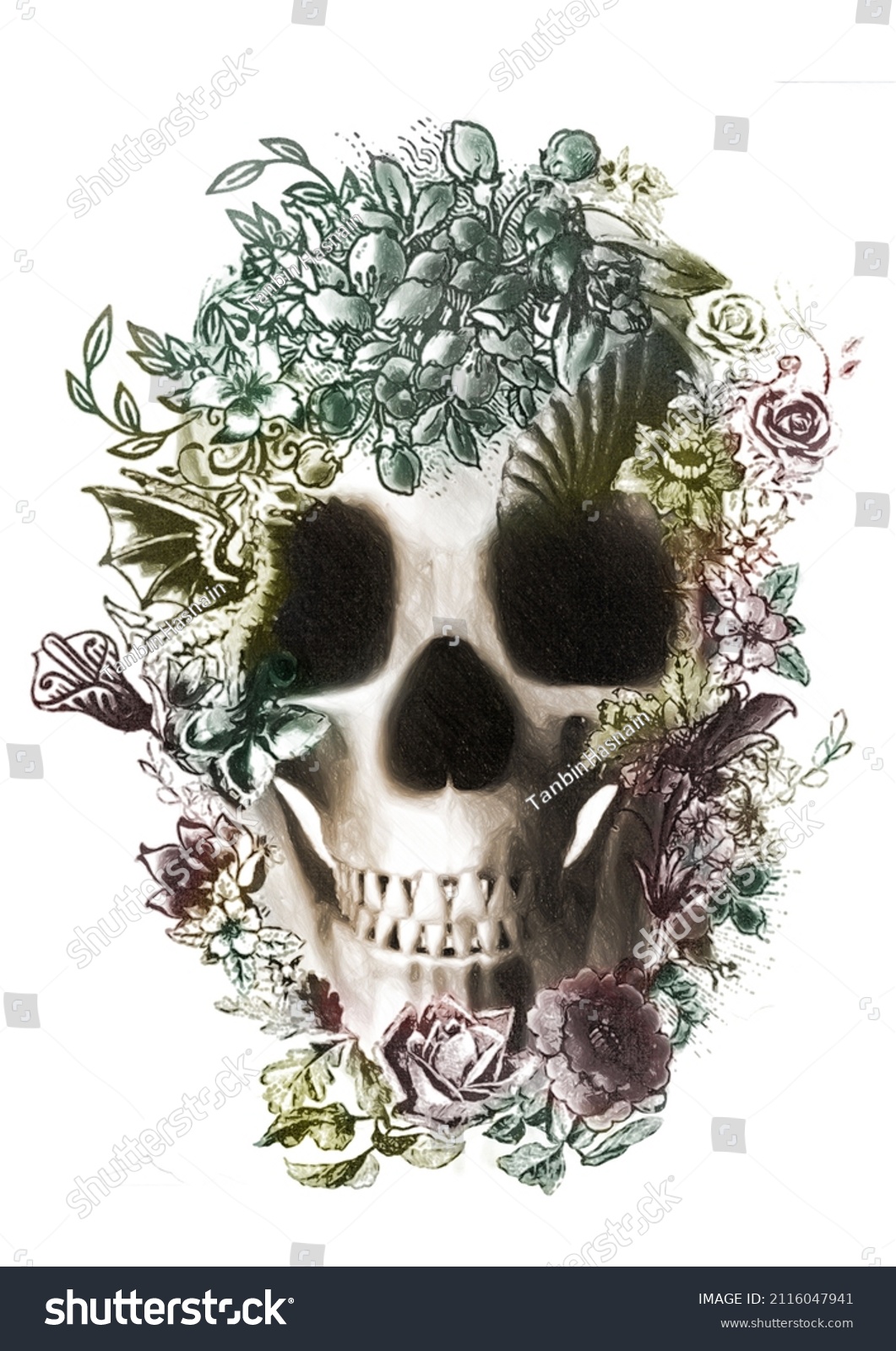 Tatto Inspired Floral Scull Design Stock Illustration 2116047941 ...