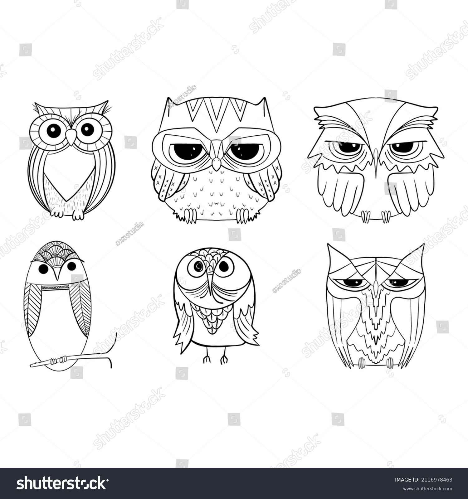 Hand Draw Doodle Owl Vector Set Stock Vector (Royalty Free) 2116978463 ...