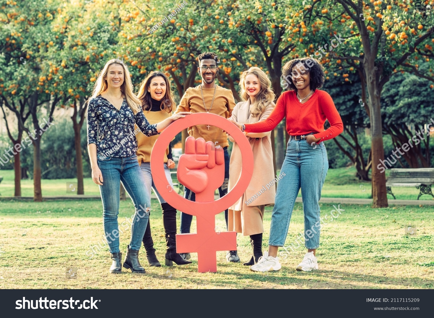 Four Women Man Different Ethnicities Smile Stock Photo 2117115209