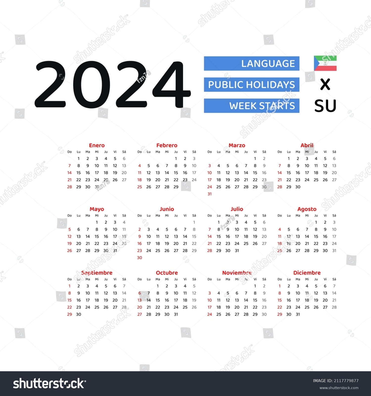 Equatorial Guinea Calendar 2024 Week Starts   Stock Vector Equatorial Guinea Calendar Week Starts From Sunday Vector Graphic Design Spanish Language 2117779877 