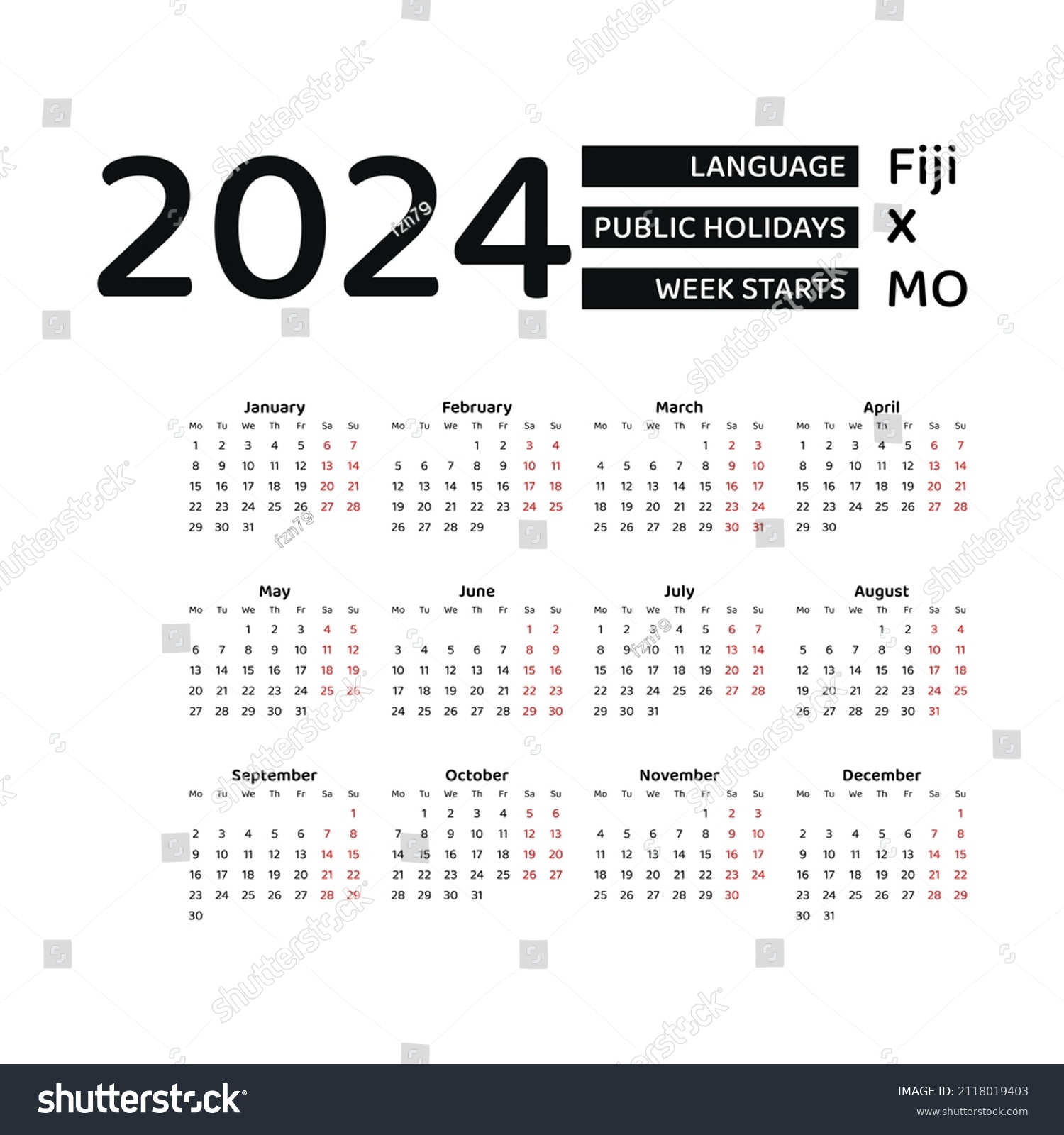 Fiji Calendar 2024 Week Starts Monday เวกเตอร์สต็อก (ปลอดค่าลิขสิทธิ์