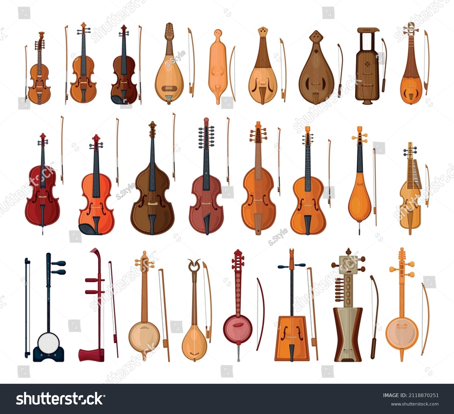 Collection Bowed String Instruments Detailed Style Stock Vector ...