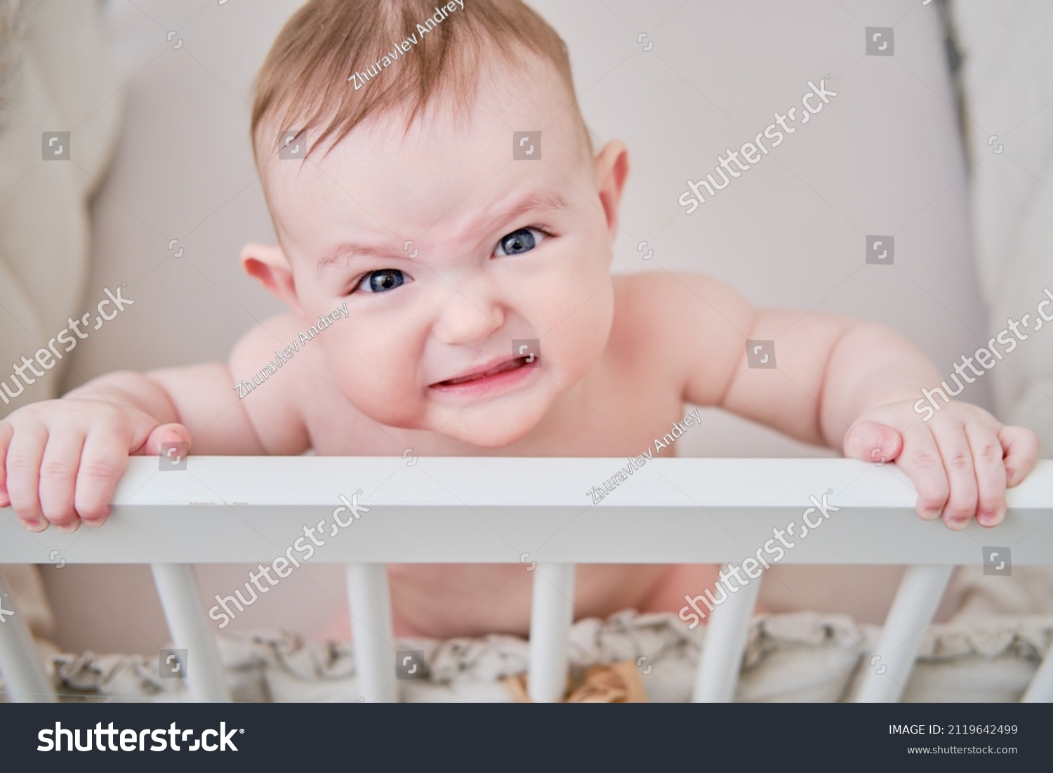 Angry Baby Crying Crib Holding Onto Stock Photo 2119642499 | Shutterstock