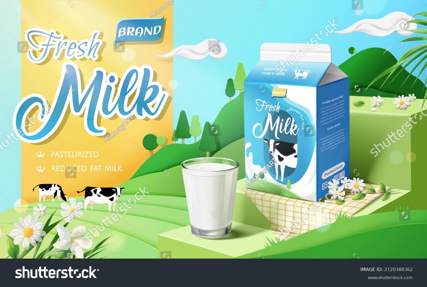 3d Farm Owned Milk Ad Banner Stock Vector (Royalty Free) 2120388362 ...