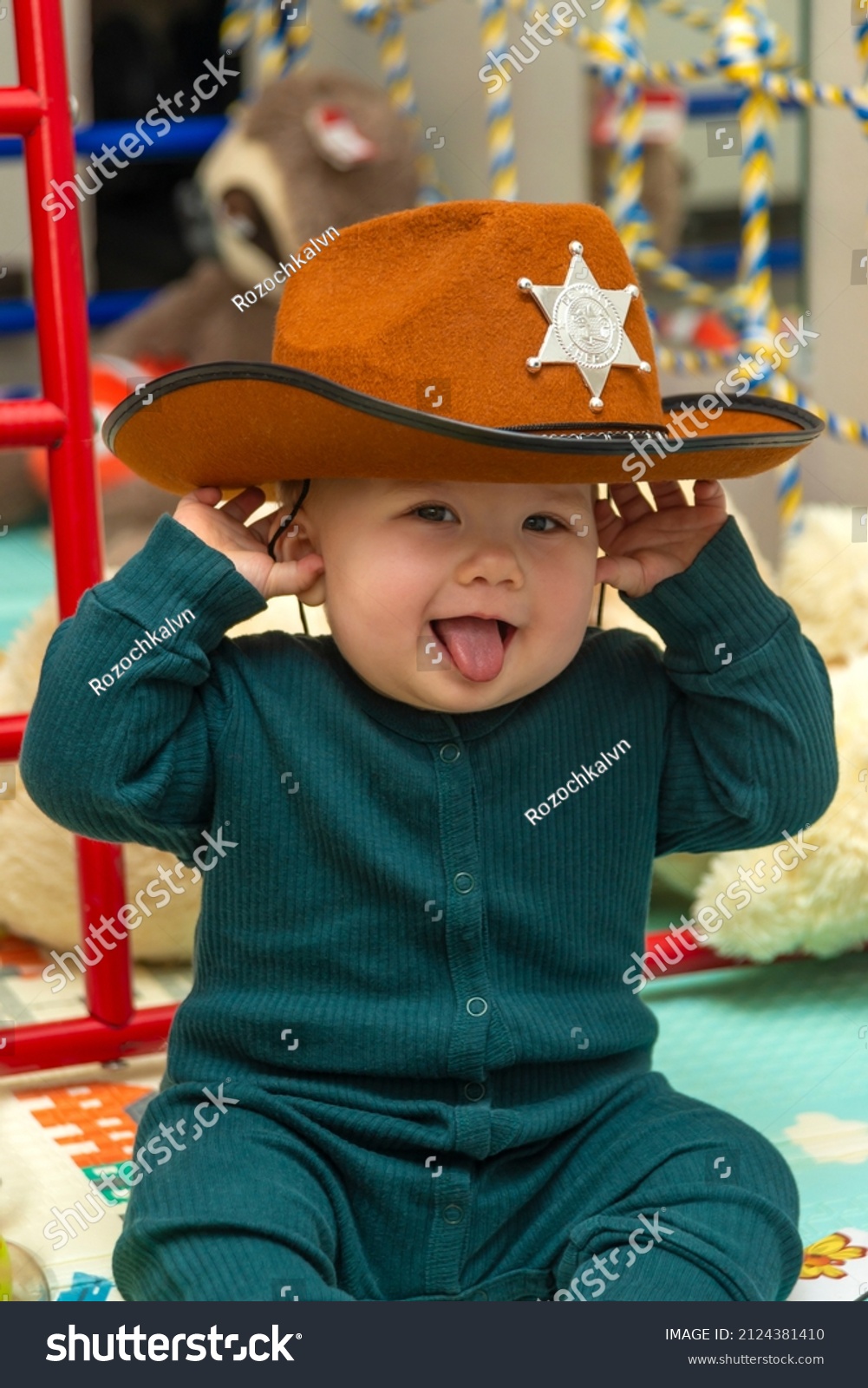 Halflength Portrait Cheerful Baby Cowboy Hat Stock Photo 2124381410