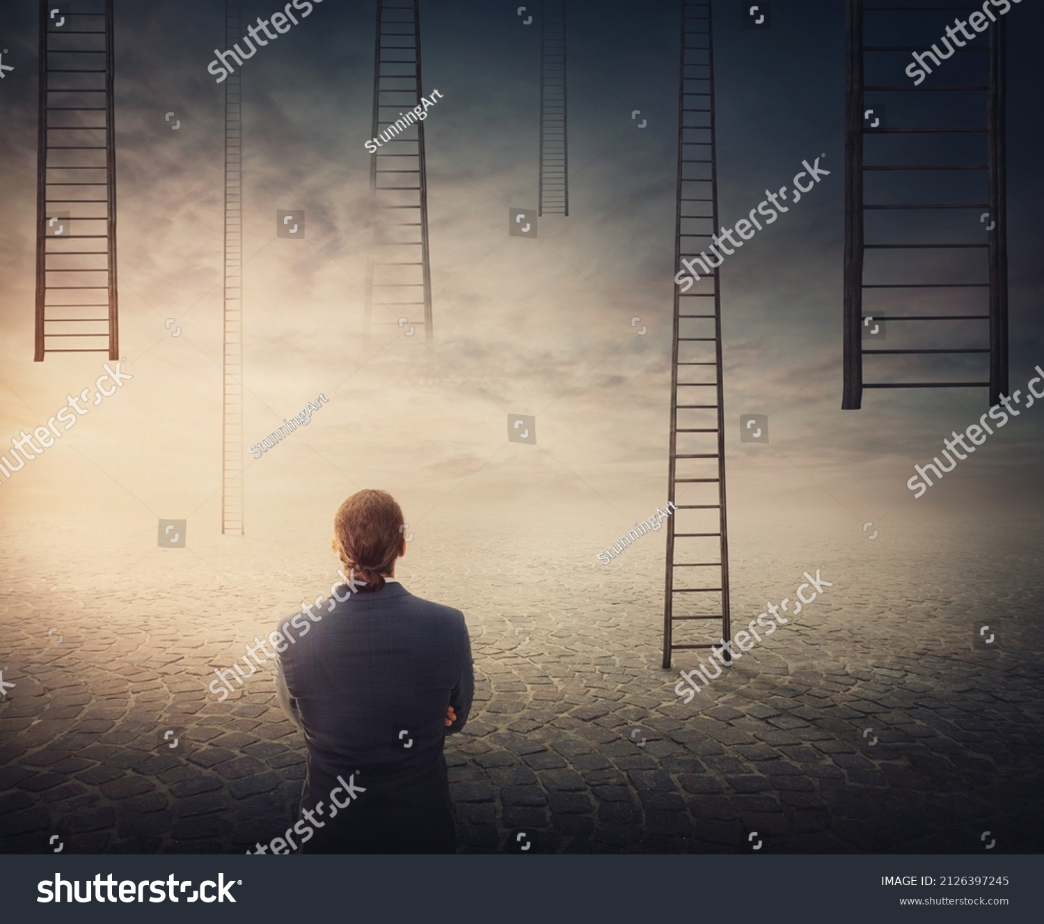 Businessman Front Multiple Ladders Leading Sky Stock Photo 2126397245 