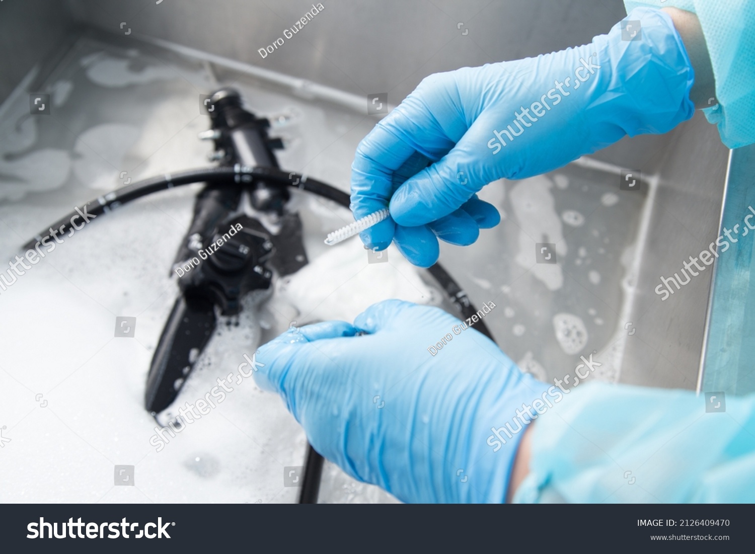 Endoscope Cleaning Sterilization After Performing Endoscopy Stock Photo