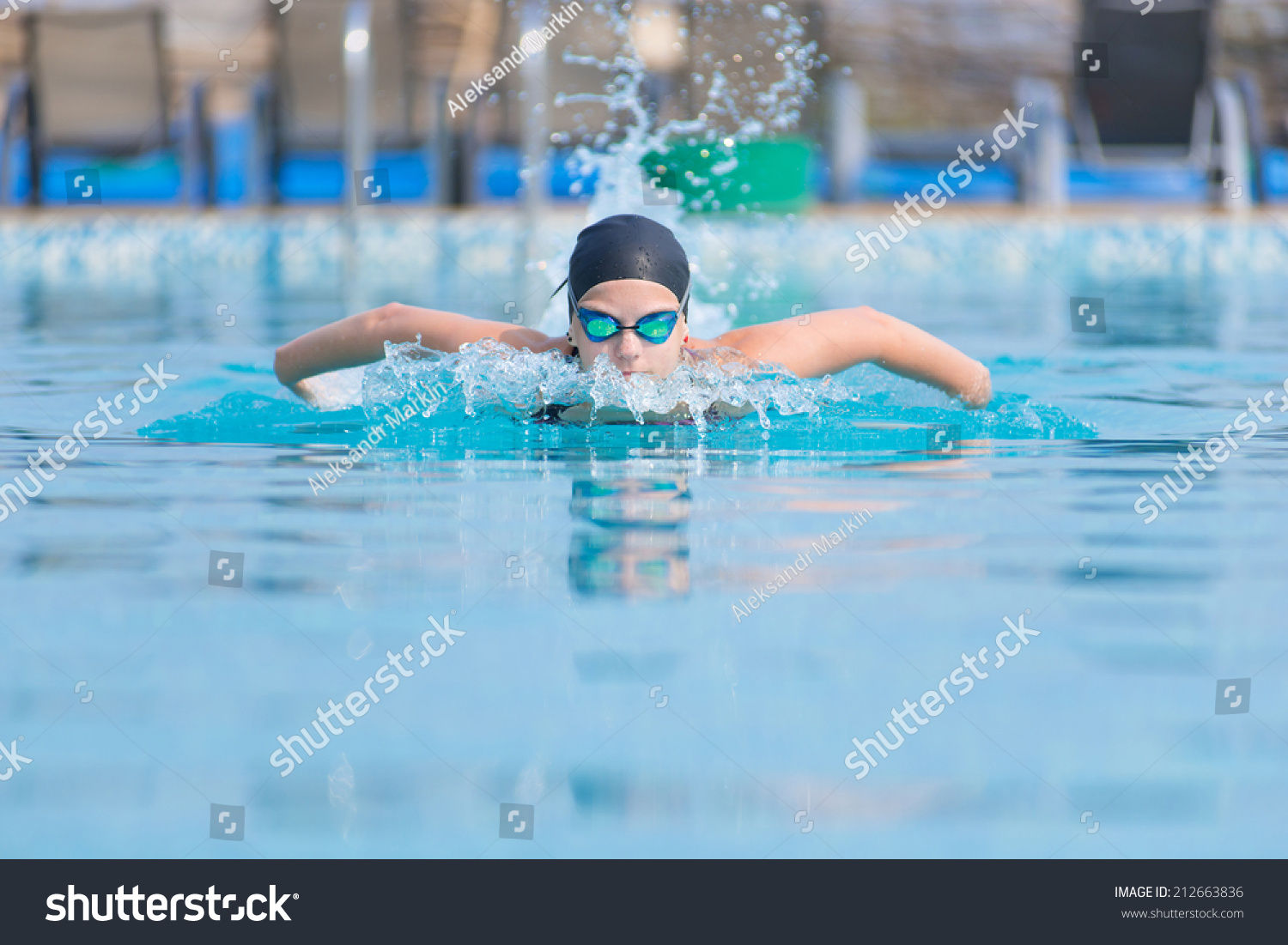 Young Girl Goggles Cap Swimming Butterfly Stock Photo 212663836 ...