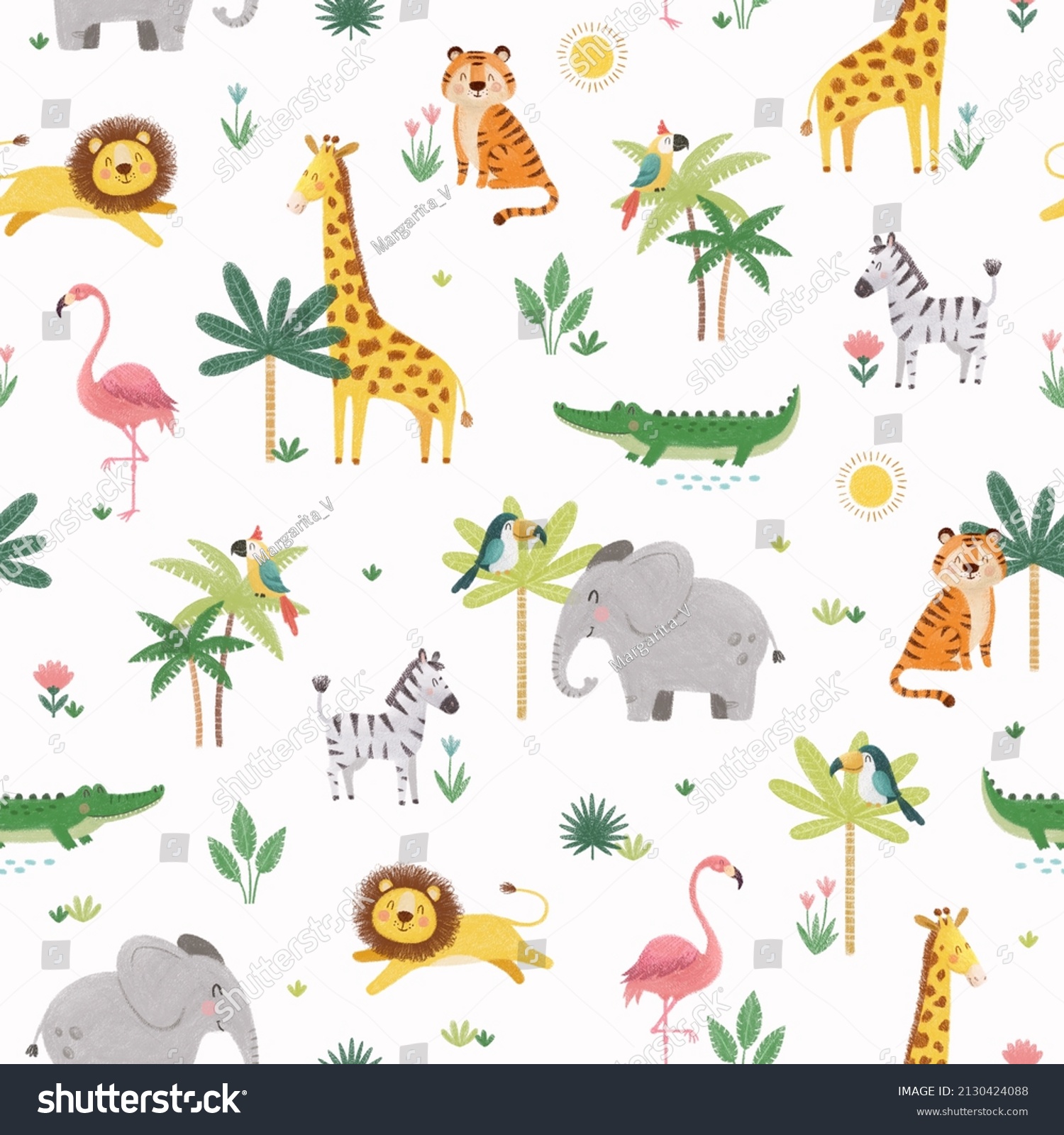 Cute Kids Seamless Pattern Jungle Animals Stock Illustration 2130424088 ...