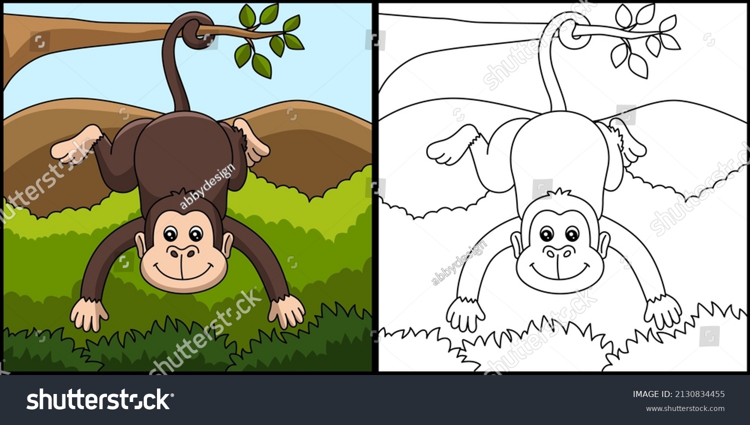 Monkey Coloring Page Colored Illustration Stock Vector (Royalty Free ...