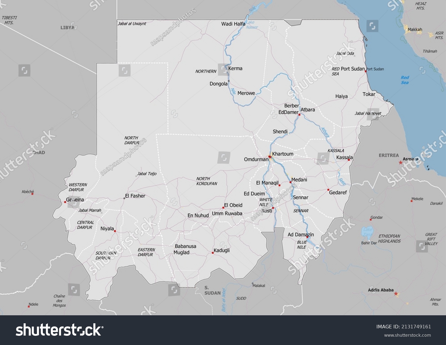 Sudan Political Map Neighbors Capital National Stock Illustration   Stock Photo Sudan Political Map With Neighbors And Capital National Borders Important Cities Rivers Lakes 2131749161 