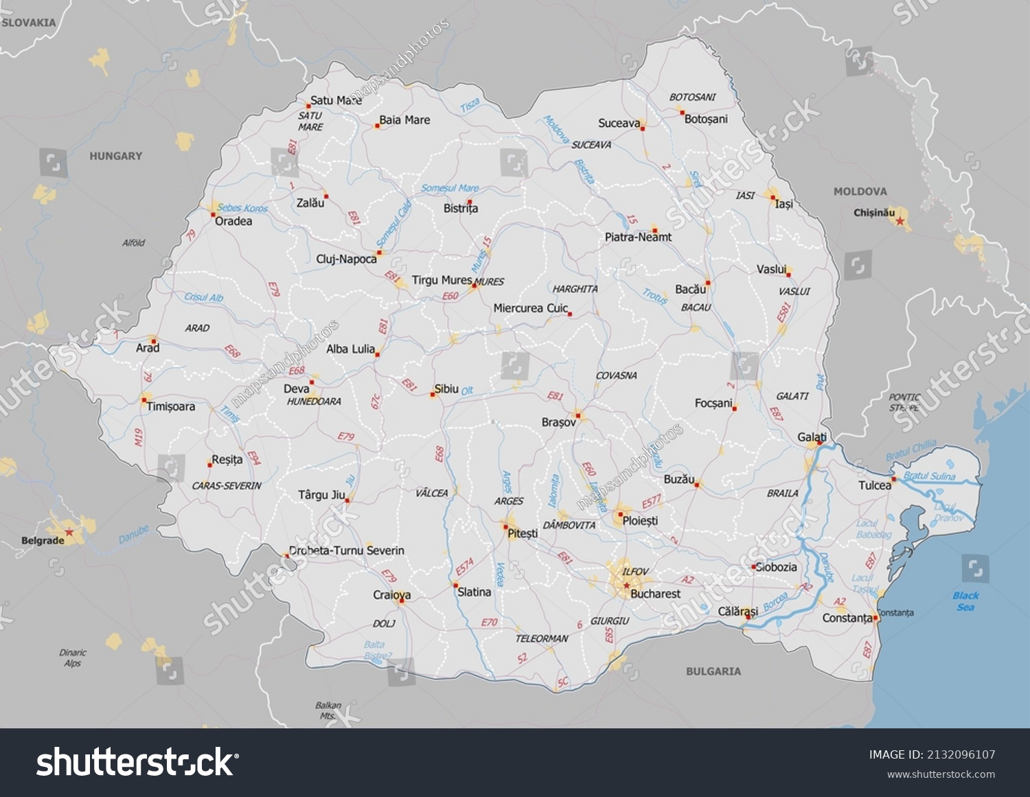 Romania Political Map Neighbors Capital National Stock Illustration   Stock Photo Romania Political Map With Neighbors And Capital National Borders Important Cities Rivers Lakes 2132096107 