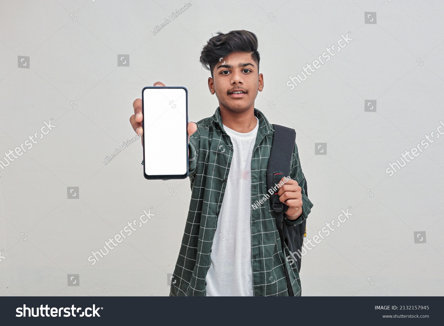 Young Indian Collage Boy Showing Smartphone Stock Photo 2132157945 ...