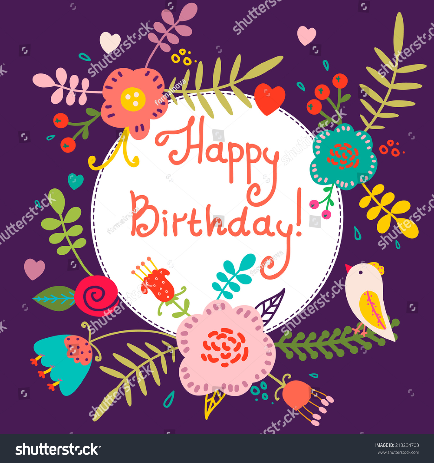 Cute Birthday Card Flowers On Violet Stock Vector (Royalty Free ...