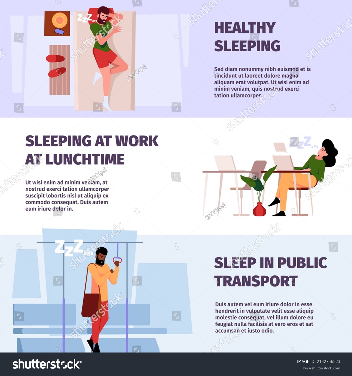 Stock Vector Sleeping Persons Banners Sleepy Lazy People In Bed Relax In City Transport Sleeping Positions 2132756823 