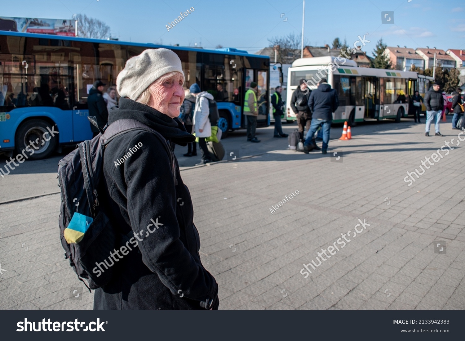 Sad Elderly Woman Ukrainian Flag Backpack Stock Photo 2133942383 ...