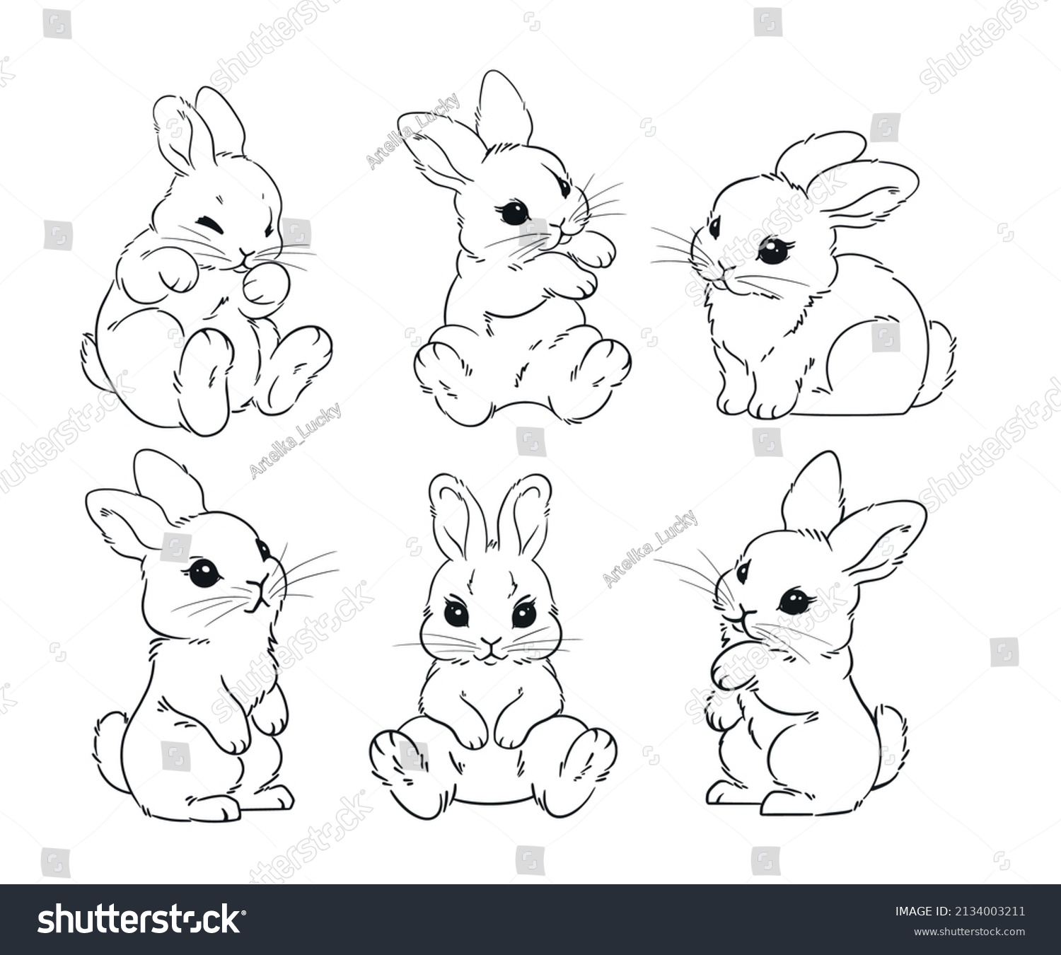 Set Cute Rabbits Hand Drawn One Stock Vector (Royalty Free) 2134003211 ...