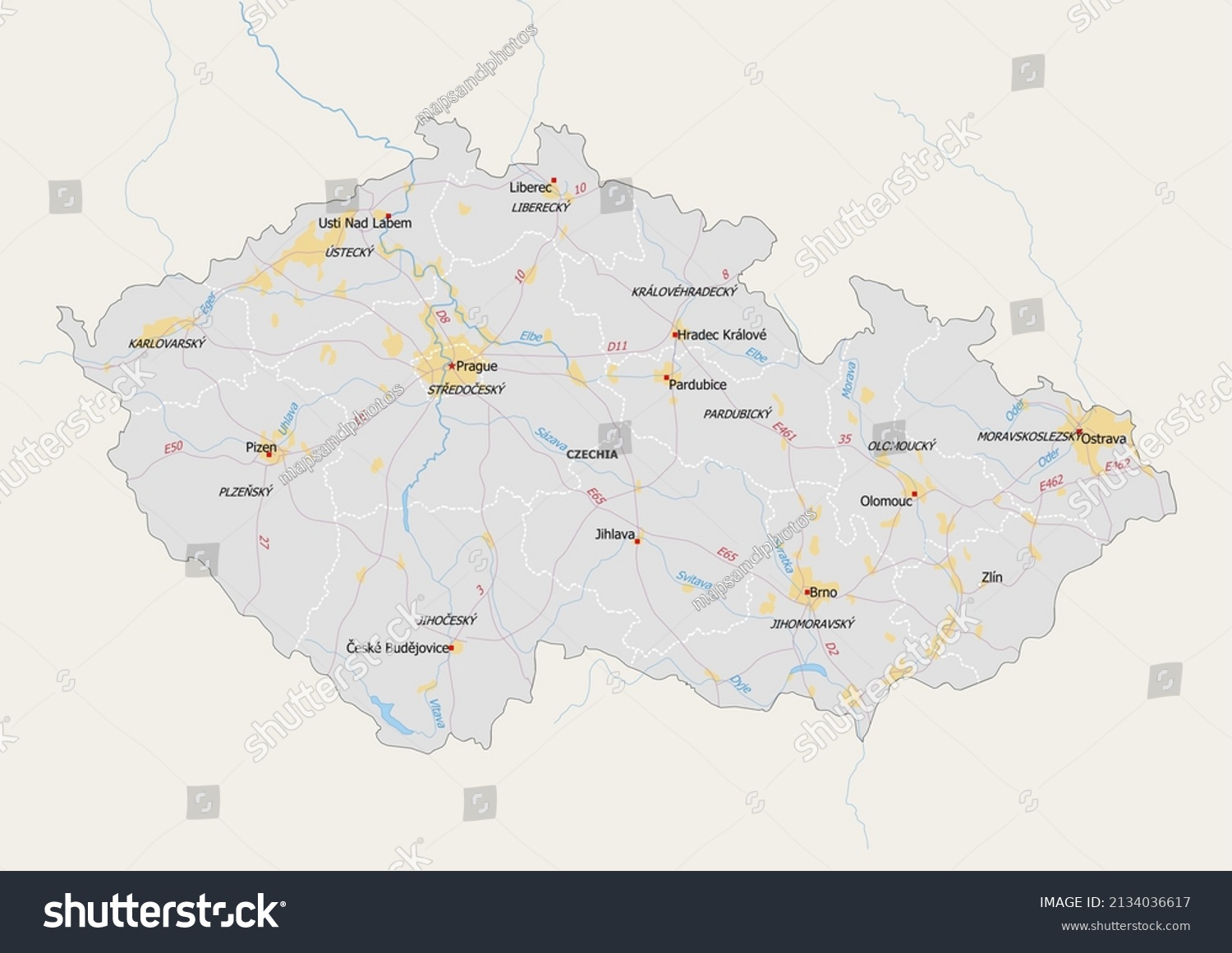 Detailed Map Czechia Isolated On White Stock Illustration 2134036617 ...