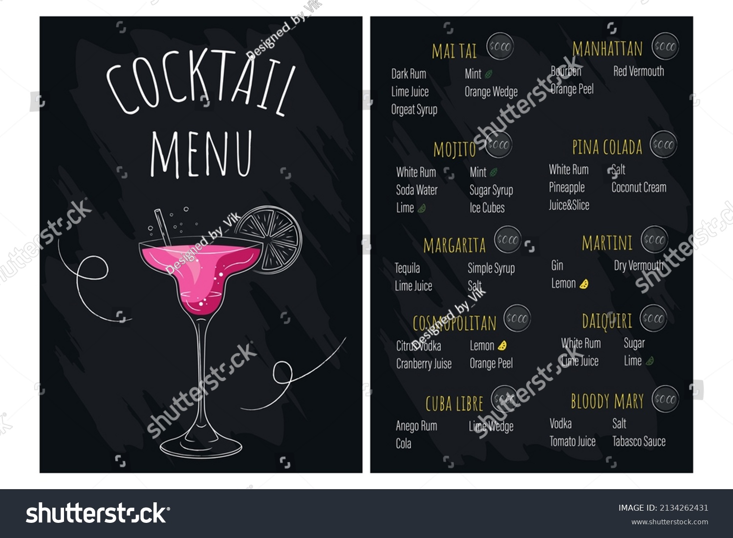 Vector Cocktail Menu Restaurants Bars Cocktails Stock Vector (royalty 