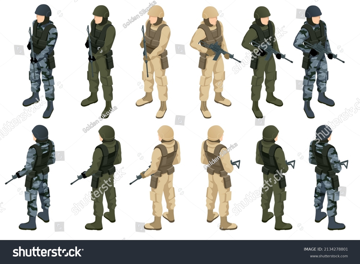 Isometric Soldier Camouflage Soldiers Assault Rifles Stock Vector ...
