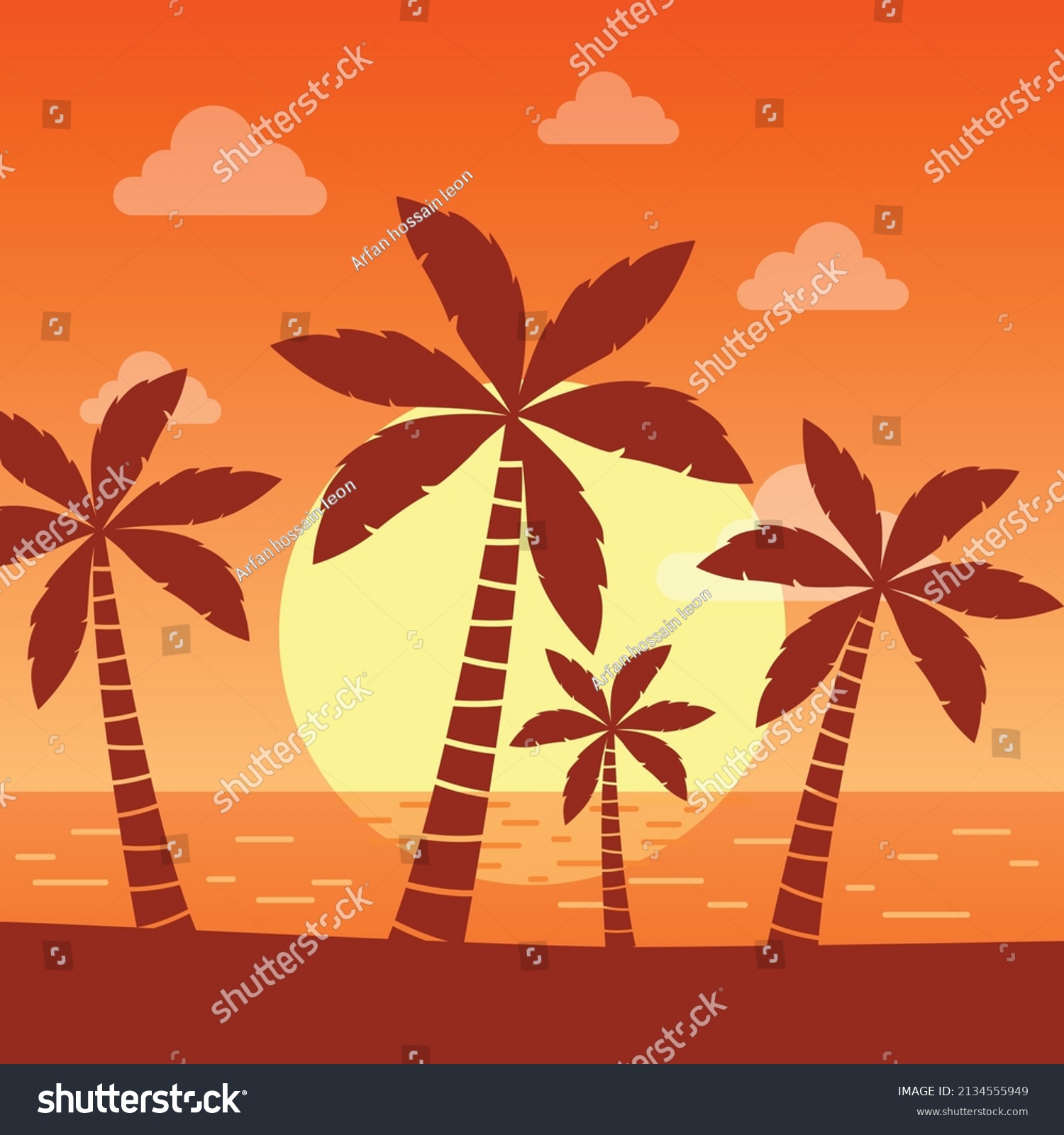 Tropical Beach Sunset Palm Trees Landscape Stock Vector Royalty Free