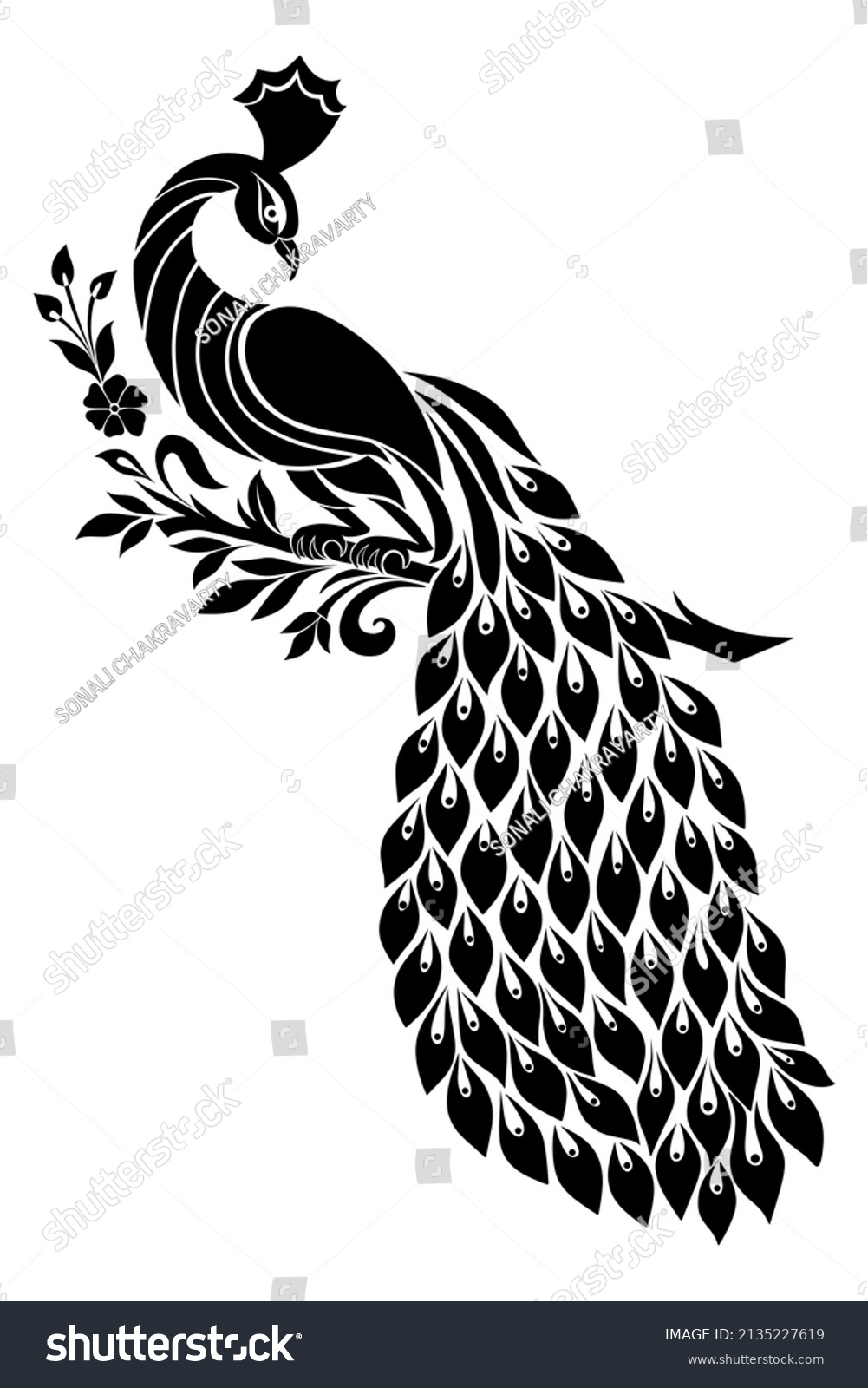 Peacock Stencil Design Black Doodle Print Stock Illustration 2135227619 ...