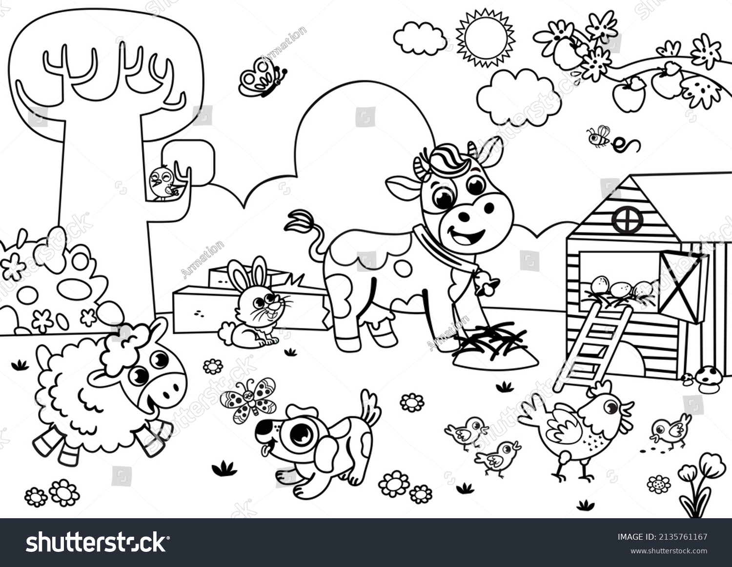 Happy Farm Animals Enjoying Springtime Black Stock Vector (Royalty Free ...